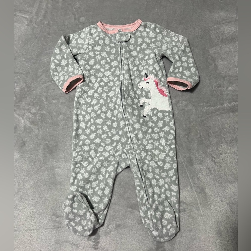 Baby girl Carters Foral Flower Unicorn Grey zipper pajamas onesie (9M)